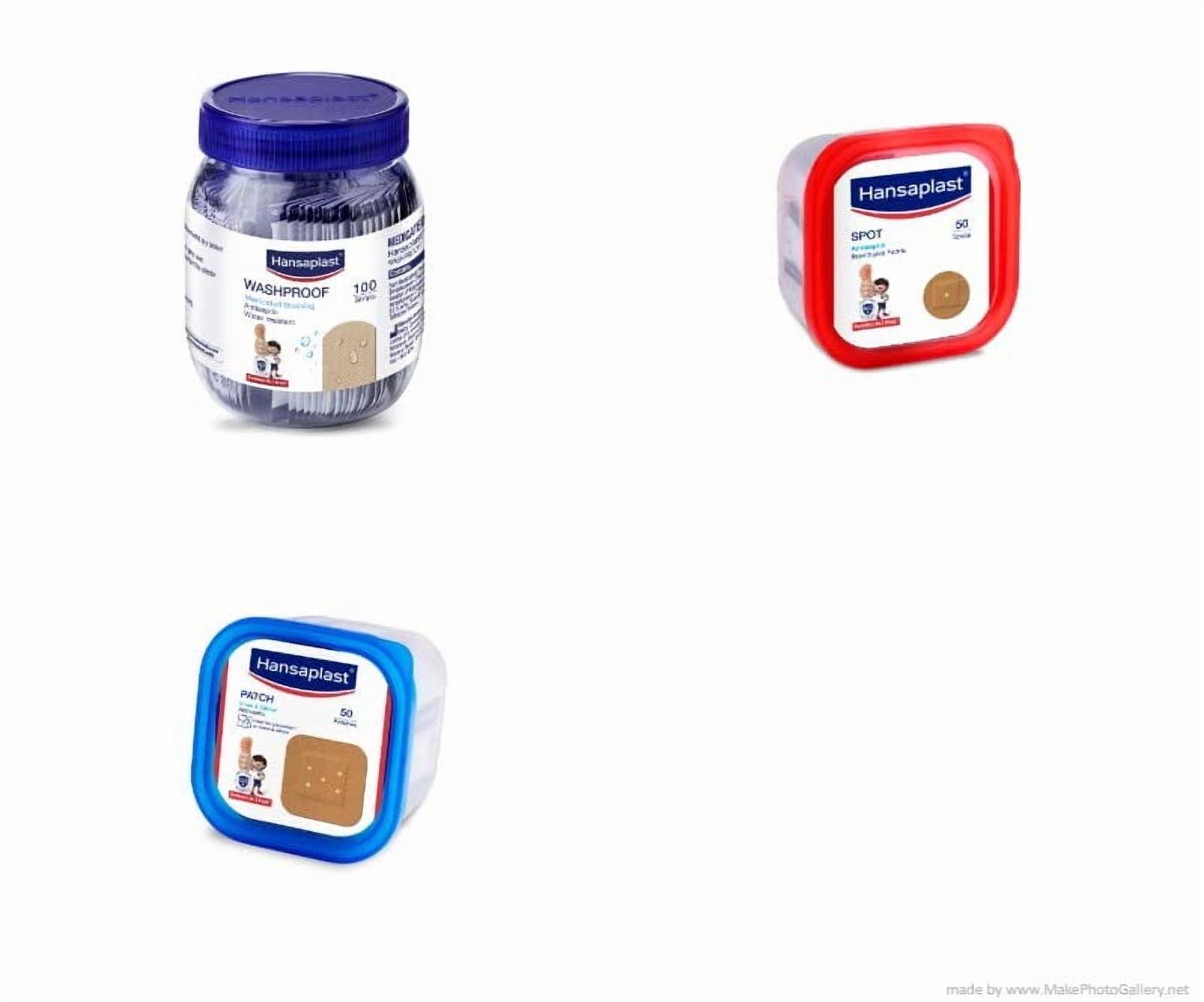 Hansaplast Washproof Ventilated 100 Strips Jar- Hansaplast Spot 50Pcs- Hansaplast Patch 50 Pcs
