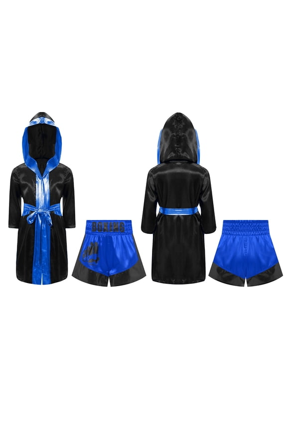 2-Piece Kids Boys Girls Boxing Outfits Boxer Uniform Kickboxer MMA Robe and Shorts Set Black&Blue 8
