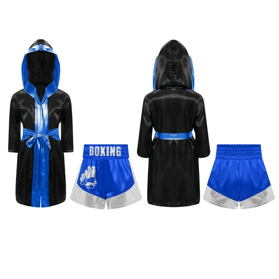 Hansber 2-Piece Kids Boys Girls Boxing Outfits Boxer Uniform Kickboxer MMA Robe and Shorts Set Black&Blue&Silver 14