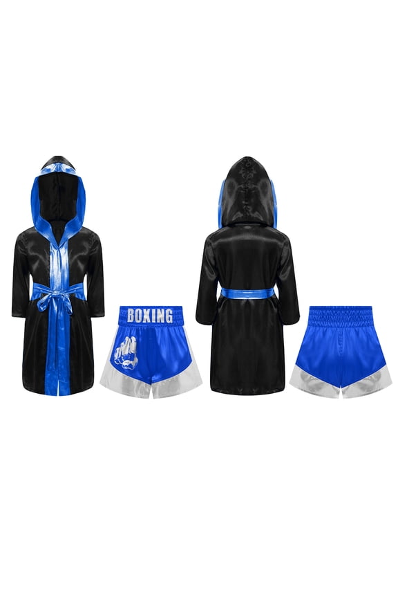 2-Piece Kids Boys Girls Boxing Outfits Boxer Uniform Kickboxer MMA Robe and Shorts Set Black&Blue&Silver 8