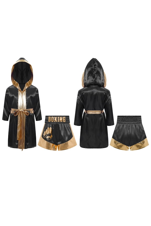 2-Piece Kids Boys Girls Boxing Outfits Boxer Uniform Kickboxer MMA Robe and Shorts Set Black&Gold 8