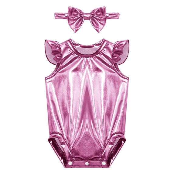 Hansber 2Pcs Metallic Outfit for Baby Girls Sparkly Romper Toddlers Birthday Party Fancy Dress Up Pink 18-24M