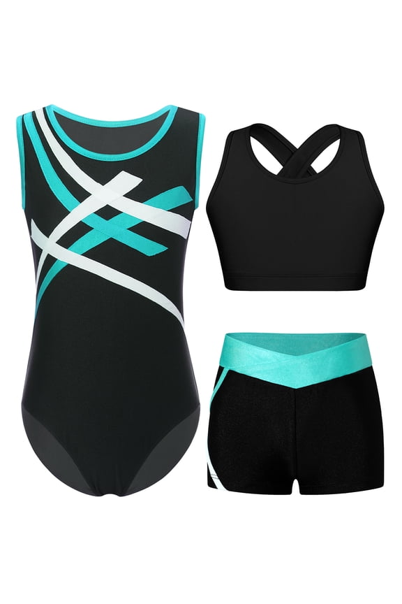 3 Pcs Kids Girls Gymnastic Leotard with Cross Back Keyhole Crop Top and Shorts Set Ballet Dance Outfits Blue Green 12