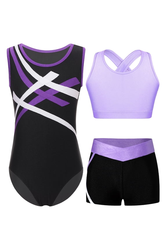 3 Pcs Kids Girls Gymnastic Leotard with Cross Back Keyhole Crop Top and Shorts Set Ballet Dance Outfits Purple 6