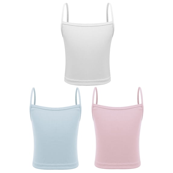 Hansber 3 Piece Kids Girls Spaghetti Straps Dance Tank Top Dry Fit Athletic Camisole Running Fitness White&Light Blue&Pink XL