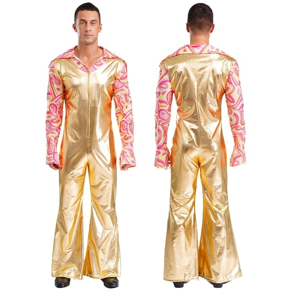 Hansber 70s Outfit for Men Retro Disco Jumpsuit Metallic Bell-Bottom Rompers Hippie Funky Dance Party Club Wear Gold M
