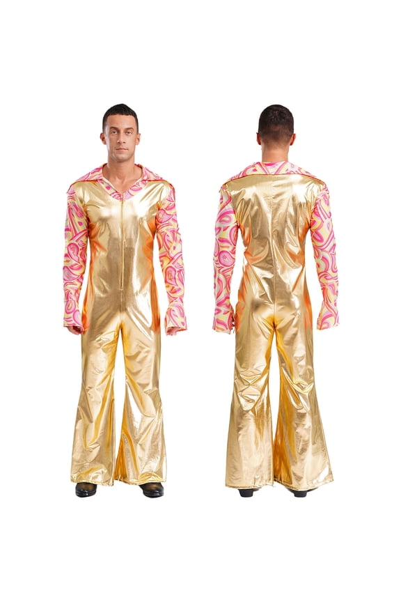 70s Outfit for Men Retro Disco Jumpsuit Metallic Bell-Bottom Rompers Hippie Funky Dance Party Club Wear Gold M