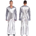 thumbnail image 1 of Hansber 70s Outfit for Men Retro Disco Jumpsuit Metallic Bell-Bottom Rompers Hippie Funky Dance Party Club Wear Silver XL, 1 of 8