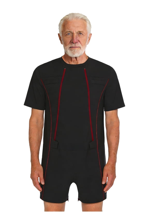 Adaptive Clothing for Men Short Sleeve Front Double-Zip Crotch Short Leg Jumpsuits with Special Needs Black S