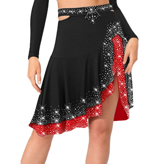 Hansber Asymmetrical Latin Dance Skirt for Women Sparkly Ruffles Ballroom Salsa Rumba Cha-cha Dancewear Black M