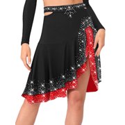 Hansber Asymmetrical Latin Dance Skirt for Women Sparkly Ruffles Ballroom Salsa Rumba Cha-cha Dancewear Black XXL