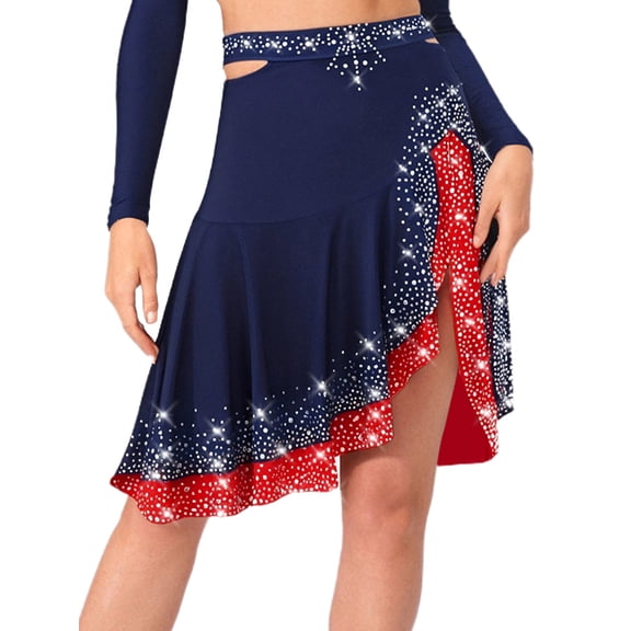Hansber Asymmetrical Latin Dance Skirt for Women Sparkly Ruffles Ballroom Salsa Rumba Cha-cha Dancewear Navy Blue S