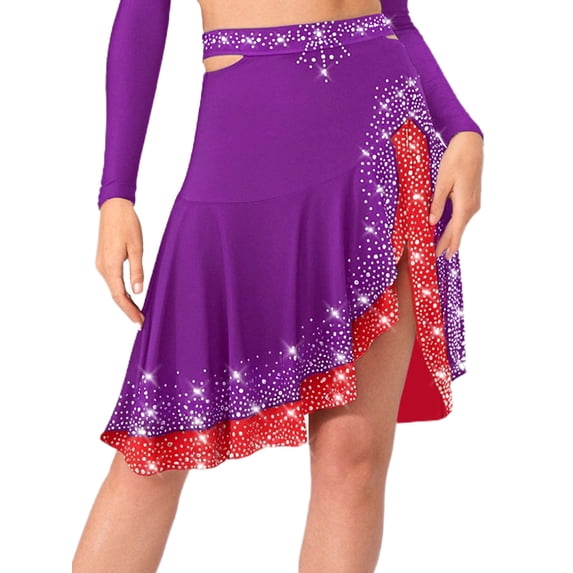 Hansber Asymmetrical Latin Dance Skirt for Women Sparkly Ruffles Ballroom Salsa Rumba Cha-cha Dancewear Purple L