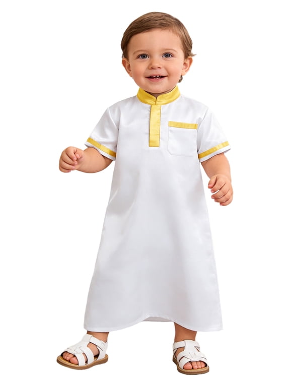 Baby Boys Arabic Islamic Thobe Muslim Abayas Short Sleeve Arabian Kaftan Maxi Dress Church Prayer Robe White 3T