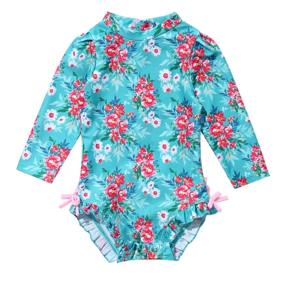 Hansber Baby Girls One-Piece Rash Guard Swimsuit Bathing Suit Long Sleeve Floral Ruffle Swimwear Blue 18-24 Months