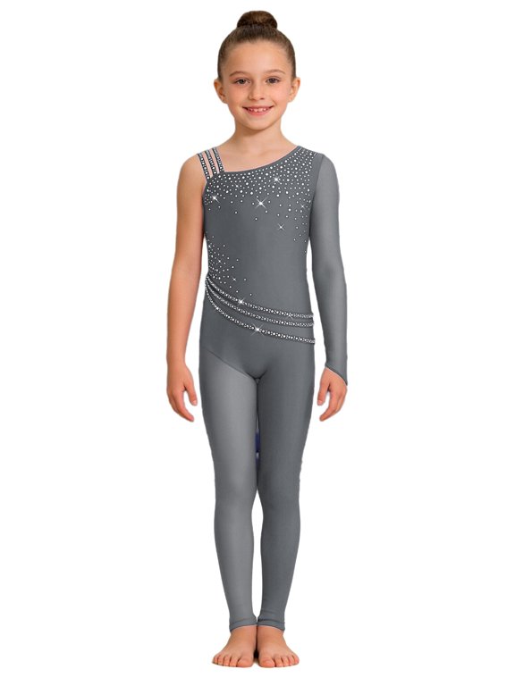 Ballet Dance Leotard for Girls One Shoulder Gymnastics Unitard Full Bodysuit Long Sleeve Jumpsuit Gray 16