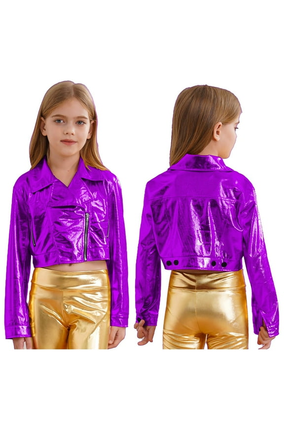 Big Boys Girls Sparkle Bomber Jacket Zipper Coat Hip-Hop Jazz Dance Tops Disco Party Outwear Purple 8