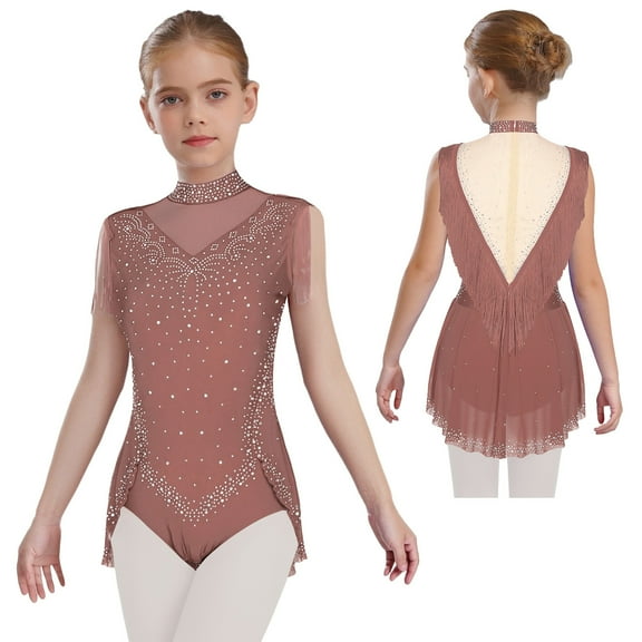 Hansber Big Girl's Ballet Dance Bodysuit Tassels Figure Ice Skating Outfits Fringe Tutu Skirted Leotard Dusty Pink 6