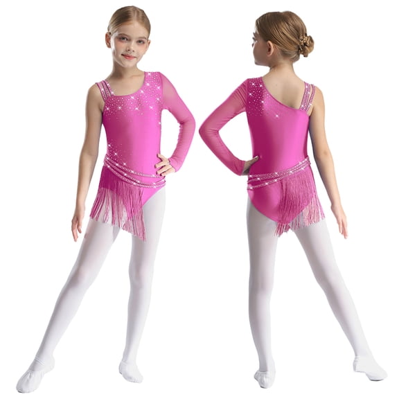 Hansber Big Girl's One Shoulder Ballet Dance Leotard Dress Latin Jazz Ballroom Dancing Bodysuit Figure Ice Skating Dress Hot Pink 12