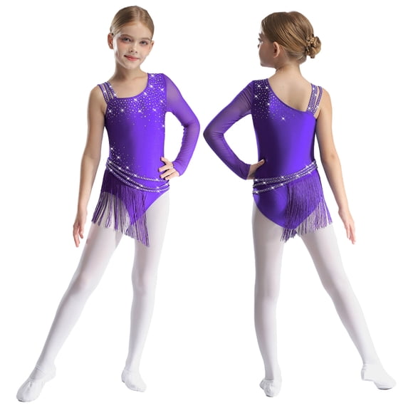 Hansber Big Girl's One Shoulder Ballet Dance Leotard Dress Latin Jazz Ballroom Dancing Bodysuit Figure Ice Skating Dress Purple 14