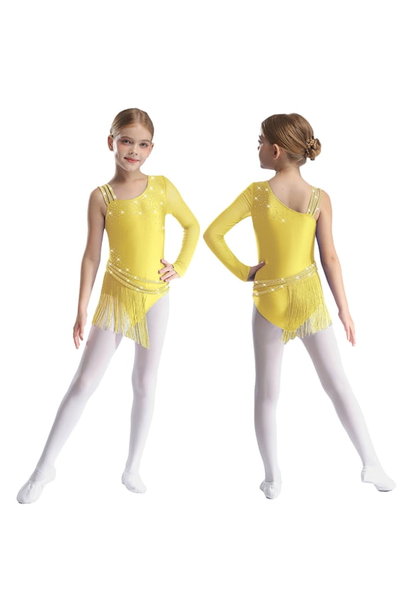 Big Girl's One Shoulder Ballet Dance Leotard Dress Latin Jazz Ballroom Dancing Bodysuit Figure Ice Skating Dress Yellow 6