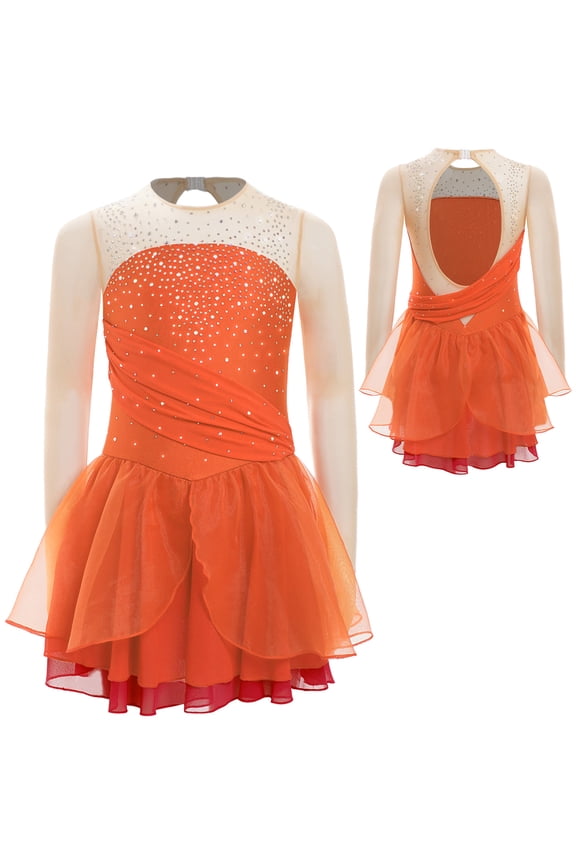 Big Girls' Figure Ice Skating Dress Modern Jazz Latin Performance Dancewear Gymnastics Leotard Orange 14