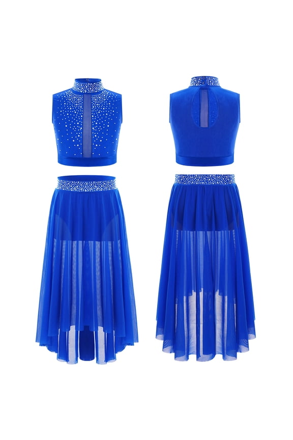 Big Girls Latin Jazz Lyrical Dance Costumes Gymnastics Leotard Dress 2PCS Modern Ballet Dancewear Blue 10