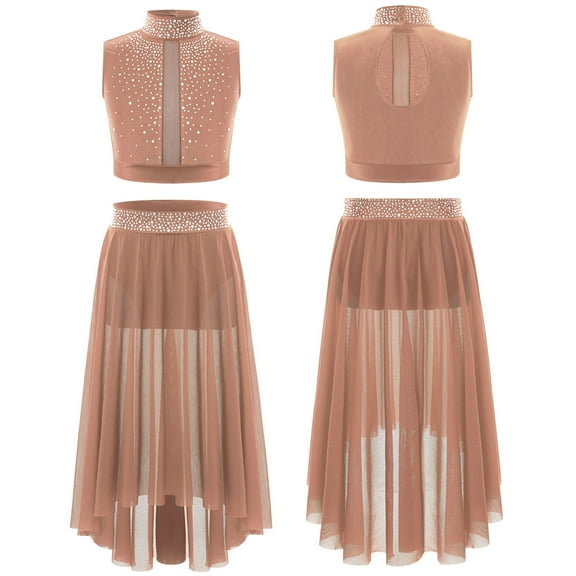 Hansber Big Girls Latin Jazz Lyrical Dance Costumes Gymnastics Leotard Dress 2PCS Modern Ballet Dancewear Dusty Pink 6