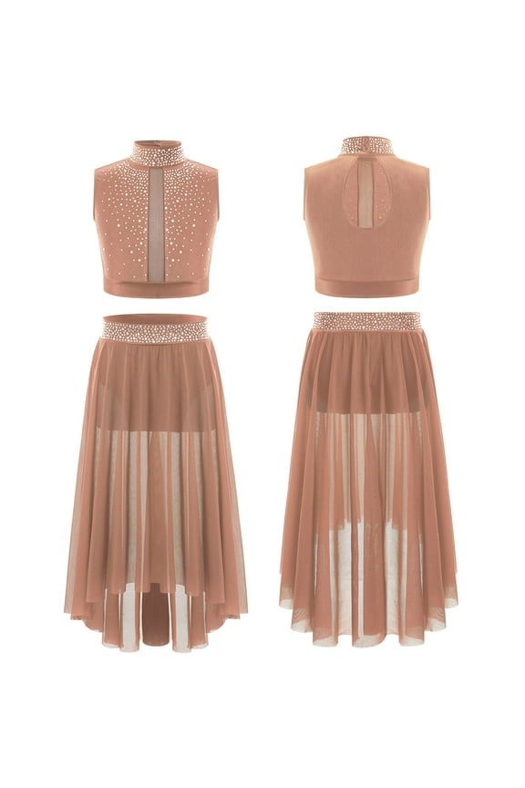 Big Girls Latin Jazz Lyrical Dance Costumes Gymnastics Leotard Dress 2PCS Modern Ballet Dancewear Dusty Pink 6