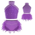 thumbnail image 1 of Hansber Big Girls Shiny Rhinestone Latin Jazz Ballroom Dancewear Dance Crop Tops and Feather Briefs Set Purple 16, 1 of 4