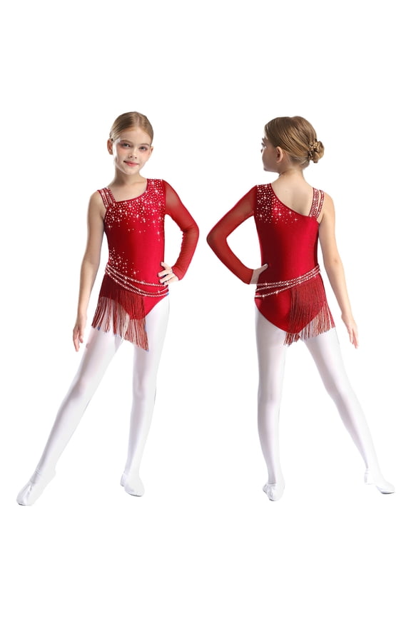 Big Girl's One Shoulder Ballet Dance Leotard Dress Latin Jazz Ballroom Dancing Bodysuit Figure Ice Skating Dress Burgundy 10