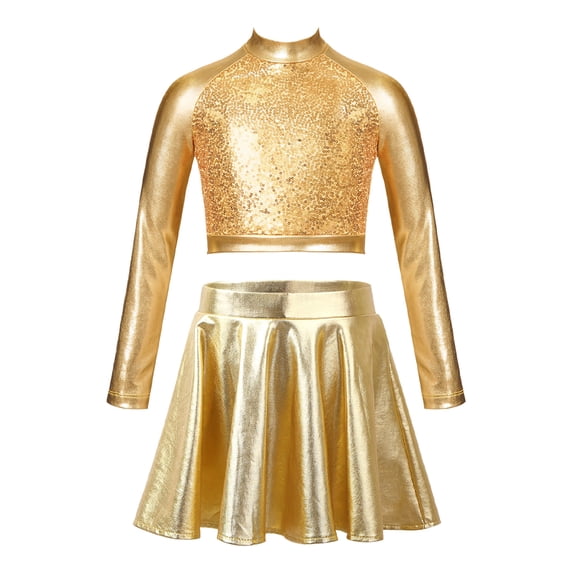 Hansber Big Kids 2Pcs Shiny Dance Dress Set Girls Metallic Crop Top with Skirts Cheerleading Outfits Gold 6