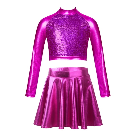 Hansber Big Kids 2Pcs Shiny Dance Dress Set Girls Metallic Crop Top with Skirts Cheerleading Outfits Hot Pink 14