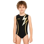 Hansber Boys Athletic Gymnastics Leotard Sleeveless Sport Print Bodysuit Kids One Piece Tumbling Outfit Gold 8