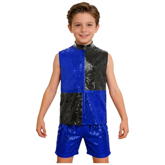 Hansber Boys Hip Hop Street Jazz Dance Outfit Kids Color Block Sleeveless Tank Top with Sequin Shorts Set Blue 8