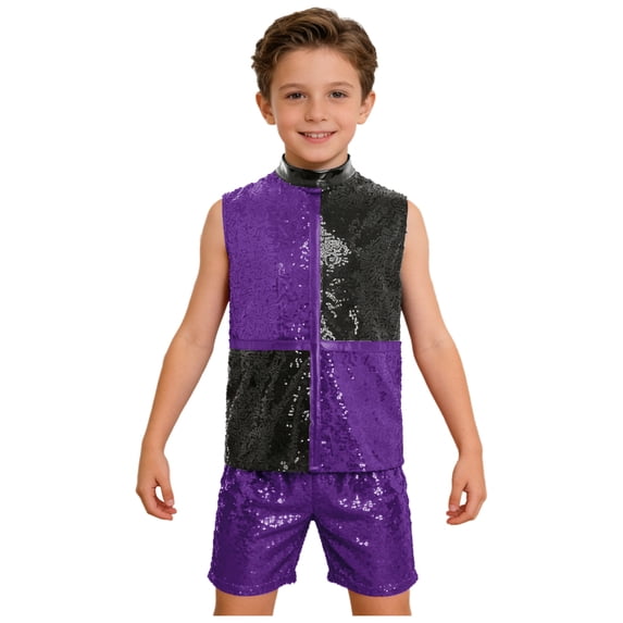 Hansber Boys Hip Hop Street Jazz Dance Outfit Kids Color Block Sleeveless Tank Top with Sequin Shorts Set Purple 16