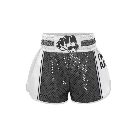 Hansber Boys Muay Thai Fight Shorts Sequins MMA Kickboxing Grappling Training Bottoms Combat Sport Shorts Black White 12