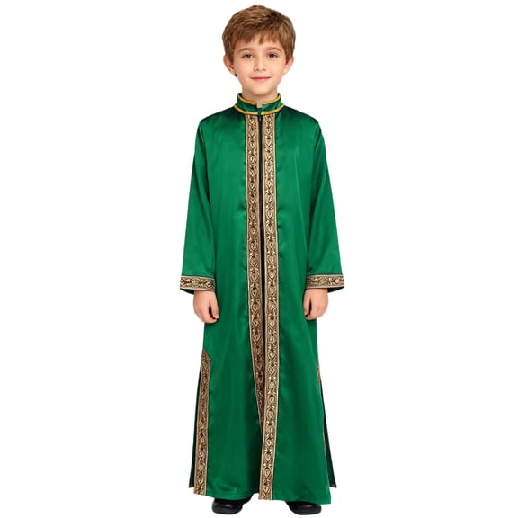 Hansber Boys Muslim Arab Kaftan Embroidered Robe Long Sleeve Thobe Islamic Arabic Abaya Ethnic Gowns Dark Green 12