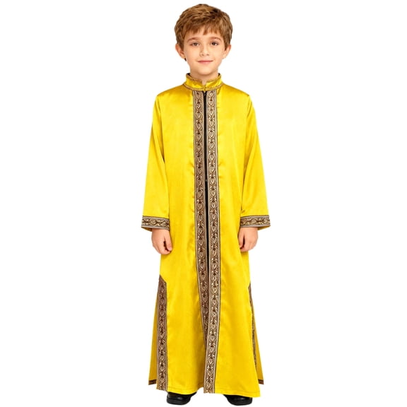 Hansber Boys Muslim Arab Kaftan Embroidered Robe Long Sleeve Thobe Islamic Arabic Abaya Ethnic Gowns Gold 16