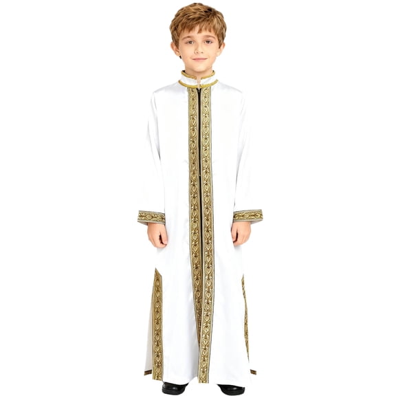 Hansber Boys Muslim Arab Kaftan Embroidered Robe Long Sleeve Thobe Islamic Arabic Abaya Ethnic Gowns White 16