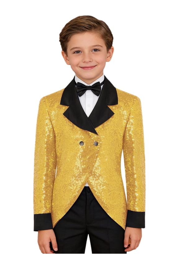 Boys' Sequins Tuxedo Suits Blazer Long Sleeve Jacket Swallow Tail Coat for Formal Evening Pageant Party Gold 16