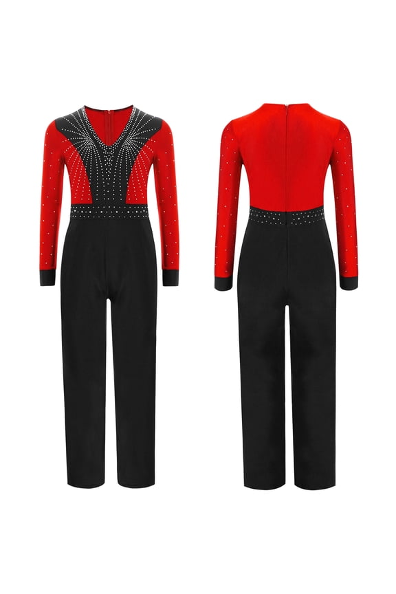 Boys V Neck Bodysuit Long Sleeve Latin Dance Leotard Skating Unitards Shiny Rhinestones Jumpsuit Red 16