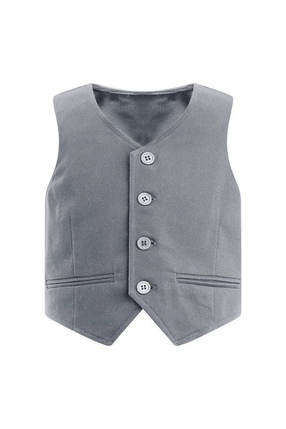 Boys V-Neck Button Down Tuxedo Formal Suit Vest Single Breasted Waistcoat Wedding Birthday Party Blazer Gray 4T