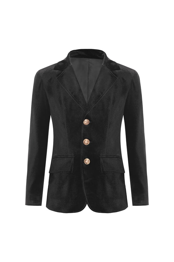 Boys Velvet Blazer Kids Tuxedo Suit Jacket Classic Fit Lapel Collar Single Breasted Long Sleeve Coat Black 4
