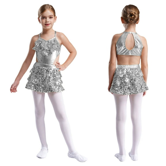 Hansber Child Girls Sequins Dance Tutu Dress Leotard Sparkle Short Jumpsuit Hip Hop Jazz Dance Outfits Silver 10