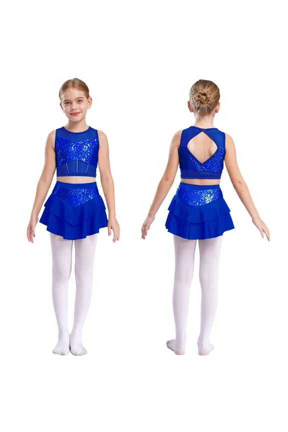 Dance Outfits Set for Girls Lyrical Dance Costume Jazz Latin Dancing Clothes Ballet Dance Dress Royal Blue 8