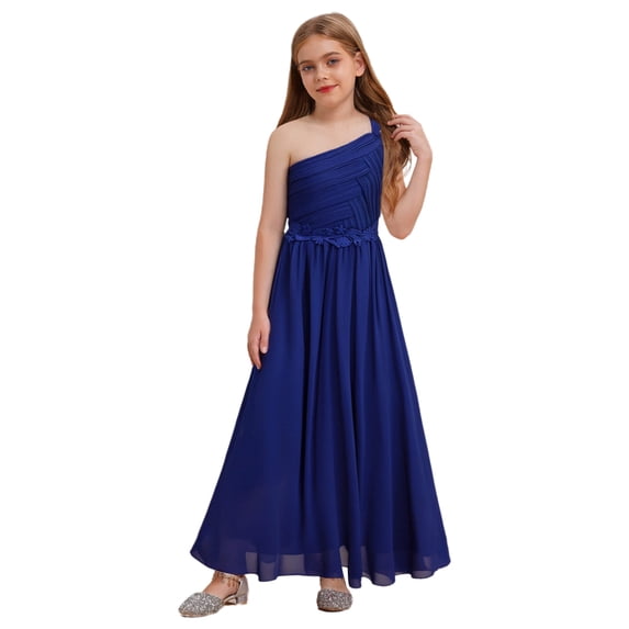 Hansber Elegant Junior Bridesmaid Dress One Shoulder Flower Girls Chiffon Ruched Pageant Party Gowns Blue 14