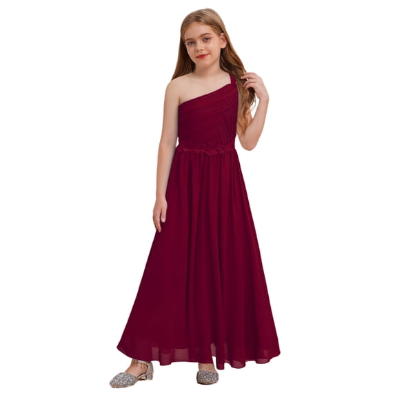 Hansber Elegant Junior Bridesmaid Dress One Shoulder Flower Girls Chiffon Ruched Pageant Party Gowns Burgundy 8
