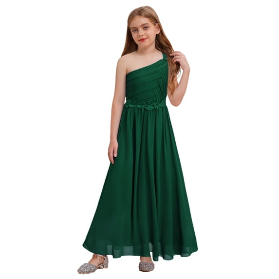 Hansber Elegant Junior Bridesmaid Dress One Shoulder Flower Girls Chiffon Ruched Pageant Party Gowns Green 16