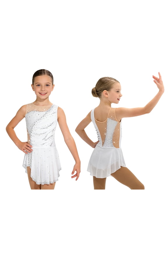 Figure Ice Skating Dress Girls Sleeveless Lyrical Dance Leotard for Gymnastics Perform Competition White 6